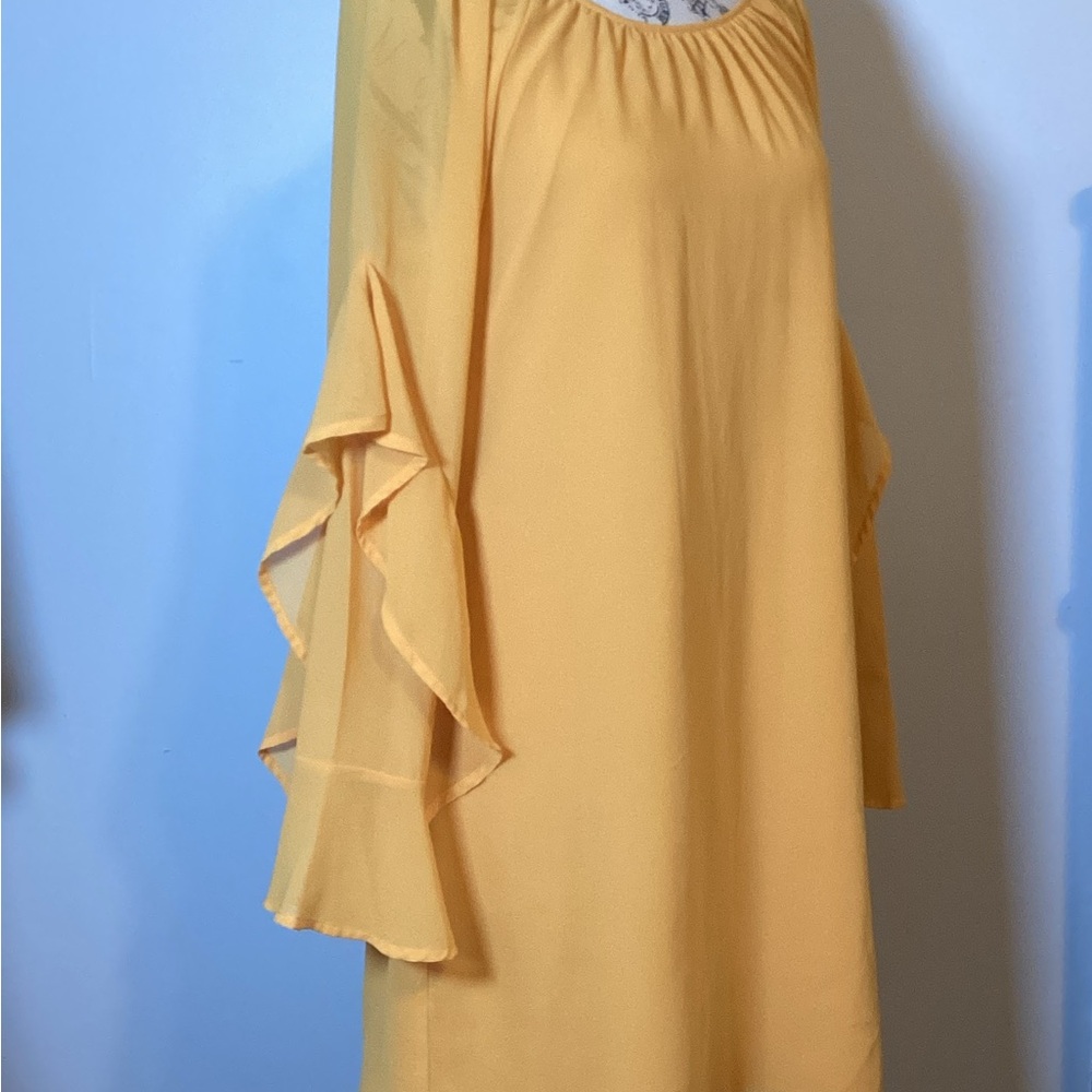 RUFFLED SLEEVE SHIFT DRESS in MUSTARD COLOR GORGEOUS SIZE S
